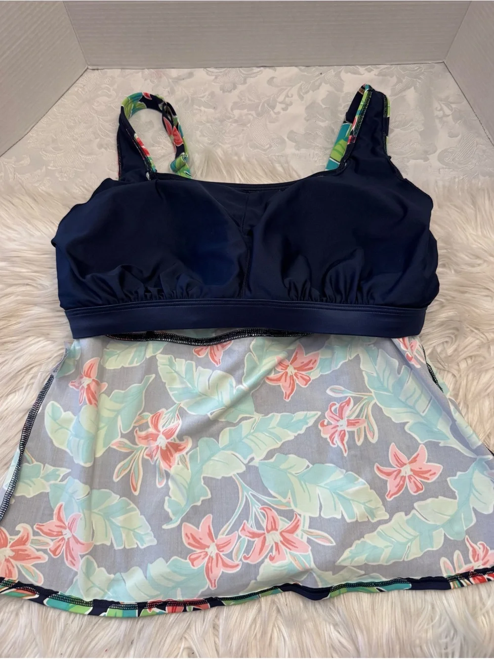 Lands' End 18W Mastectomy Tankini Top Blue Green Floral Swimsuit Modest